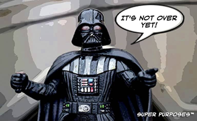 Darth Vader figure says 'it's not over yet' with speech bubble