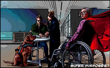 two people with disabilities, one blind, the other in a wheel-chair,a seeing eye-dog, a person and another person helping.