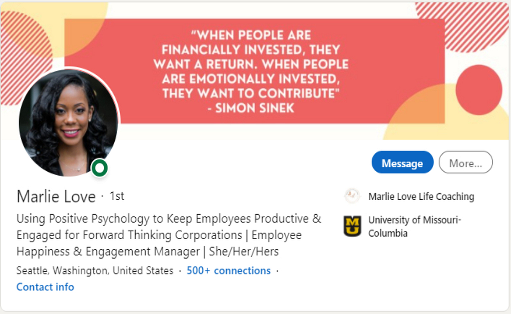 Screenshot of Marlie Love's LinkedIn profile