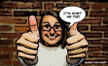 A woman giving a thumbs up with a thought bubble saying "It's easy as piece".