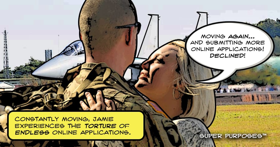 A military couple embracing and one spouse saying that all her online applications were declined